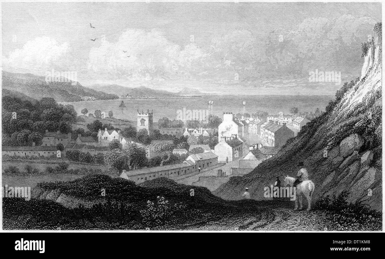 Une gravure intitulée "Bangor, Caernarvonshire' numérisées à haute résolution à partir d'un livre publié dans les années 1830. Banque D'Images