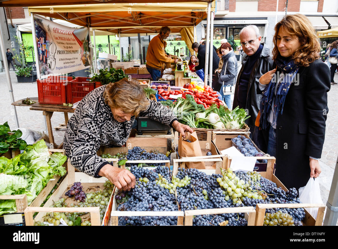 Blocage des fruits et légumes dans un marché à Alba, Langhe, Cueno, Piedmont, Italy, Europe Banque D'Images