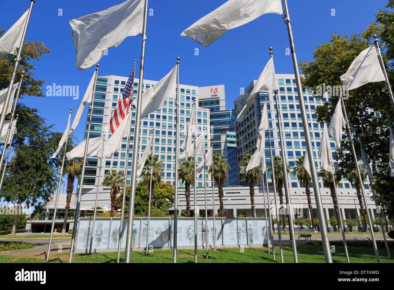 Drapeaux dans le Veteran's Memorial et Adobe Corporation, San Jose, Californie, États-Unis d'Amérique, Amérique du Nord Banque D'Images