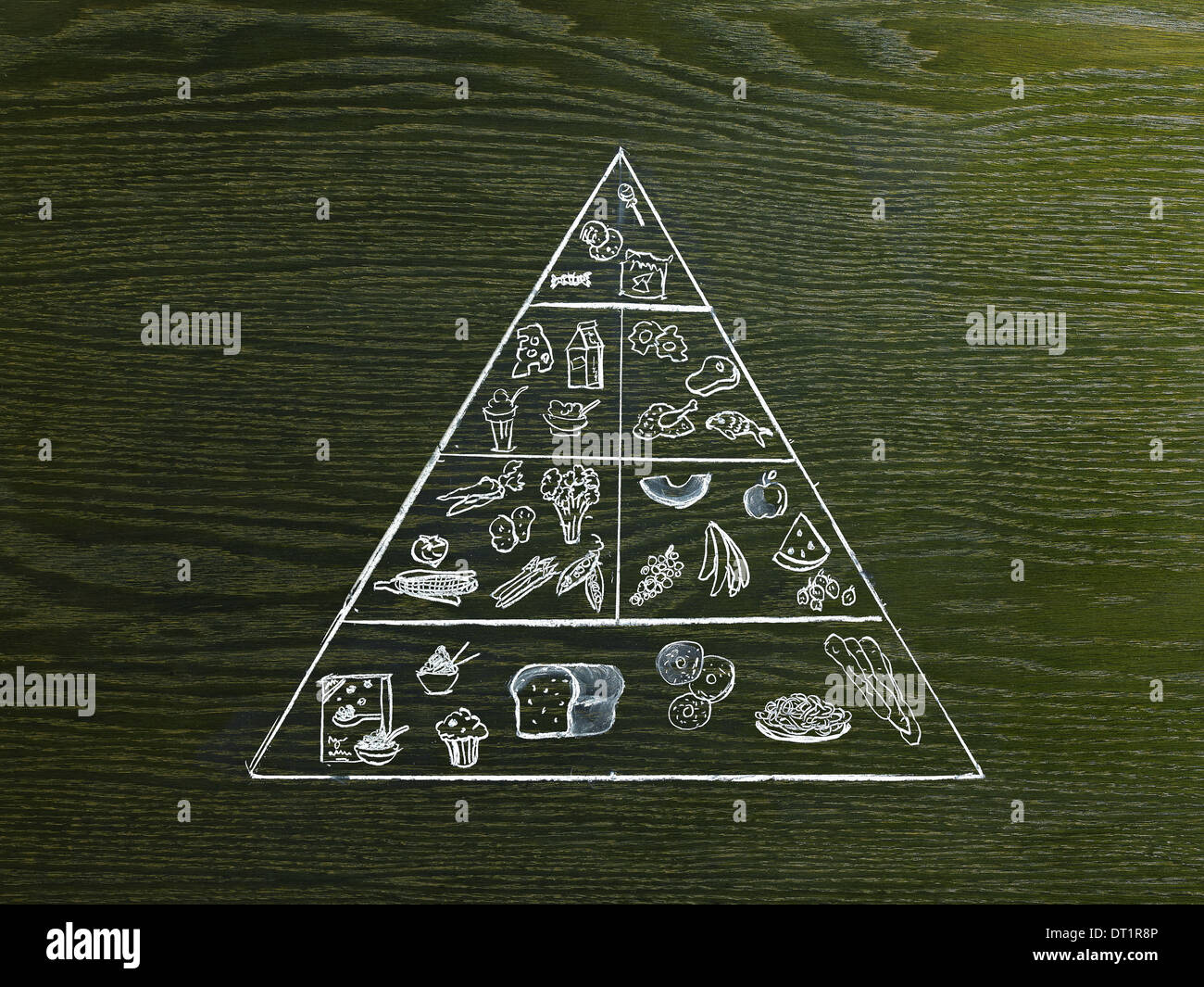 Un dessin d'image sur un fond de grain de bois naturel la pyramide alimentaire avec certains groupes d'aliments Banque D'Images