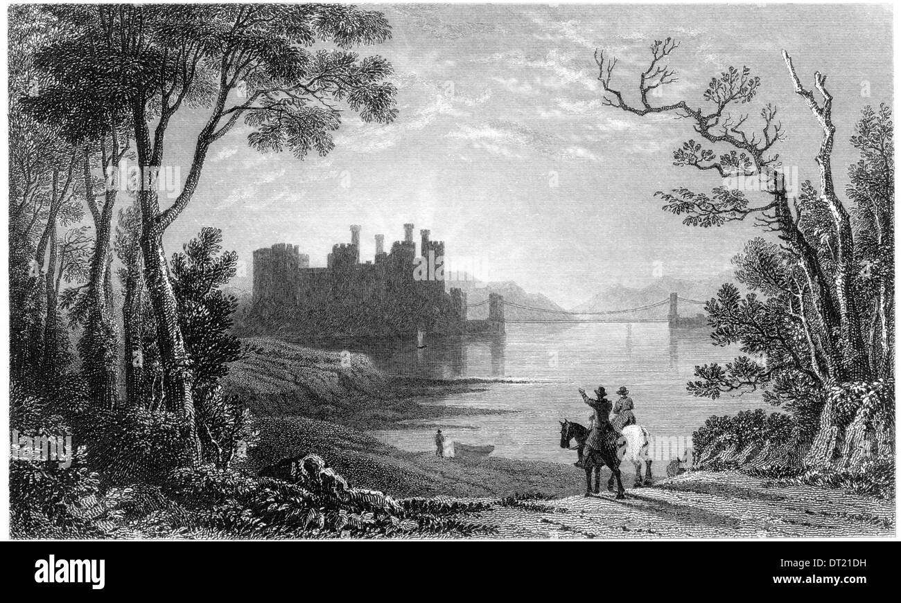 Une gravure intitulée "Conway Castle' numérisées à haute résolution à partir d'un livre publié dans les années 1830. Banque D'Images