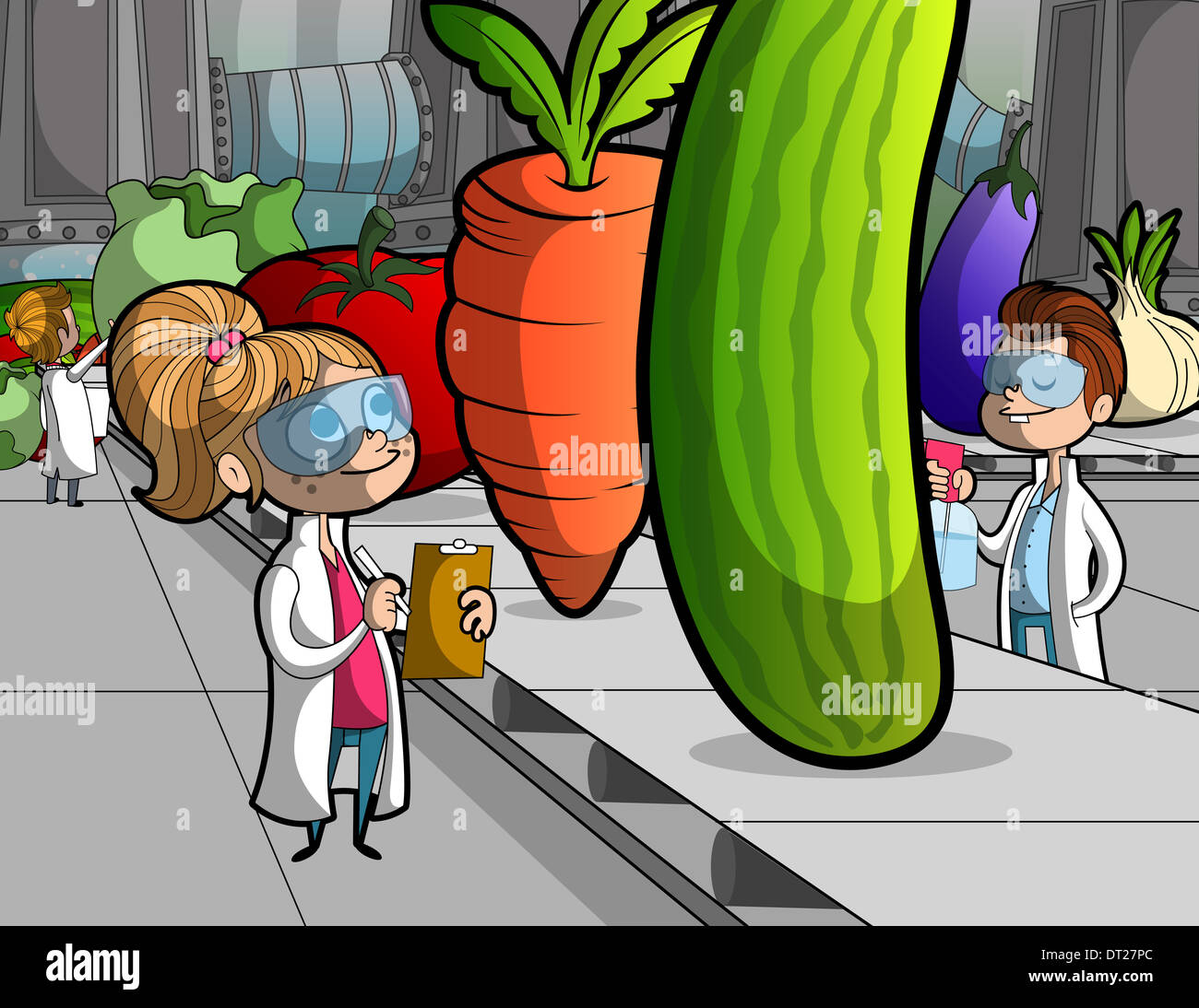 Illustration d'enfants rechercher sur les légumes sur la courroie du convoyeur au laboratoire d'école Banque D'Images