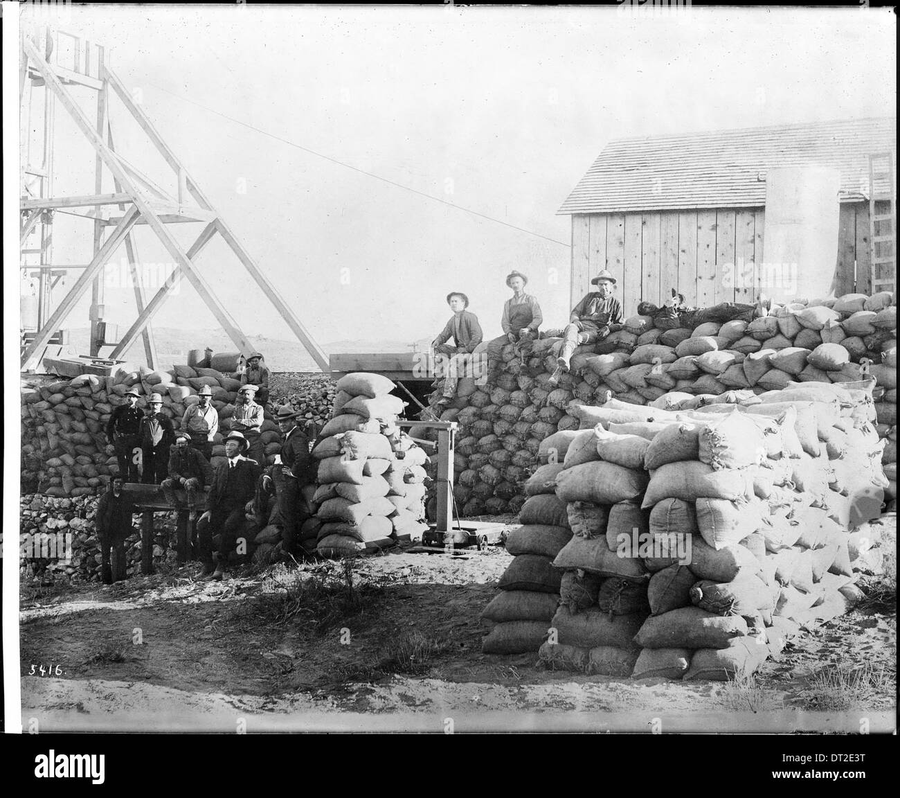 On voit des mineurs se prélasser autour de sacs de minerai dans cette photographie de 1900 de la mine Red Top à Goldfield, Nevada, capturant le dur labeur de l'industrie minière. Banque D'Images