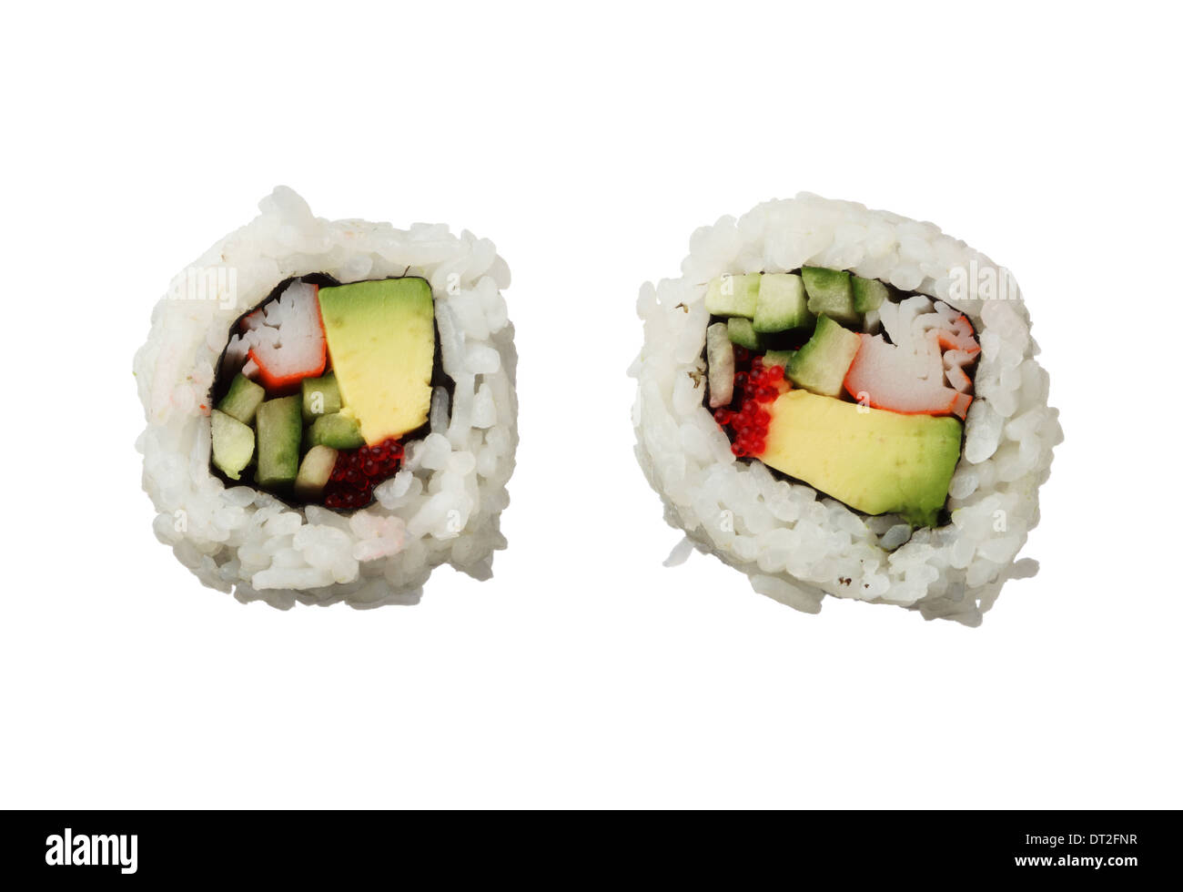 Deux california rolls sushi isolé sur fond blanc Vue de dessus Banque D'Images