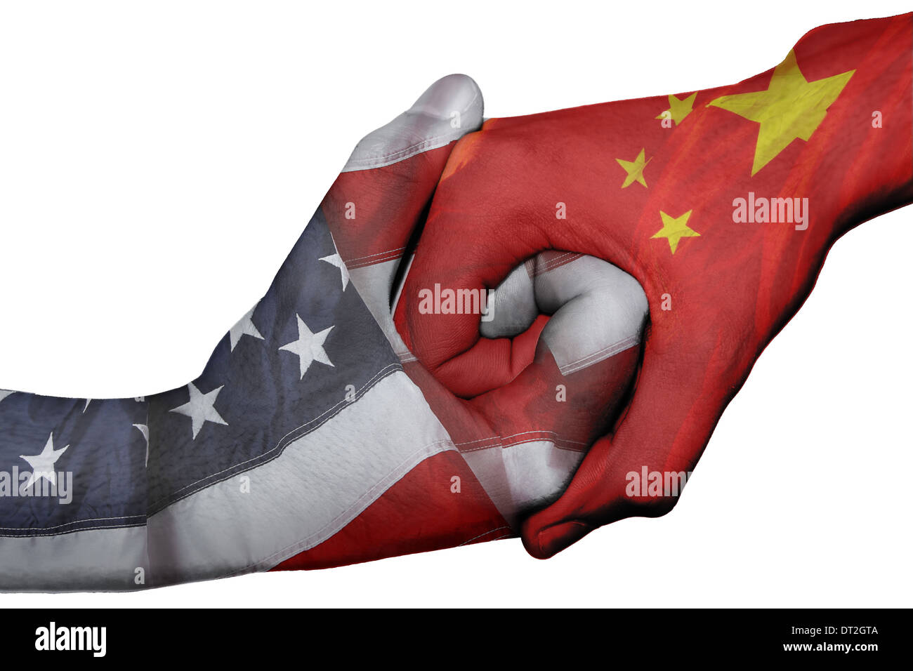 Poignée de main entre diplomatique Pays : drapeaux des États-Unis et de la Chine surimprimées les deux mains Banque D'Images