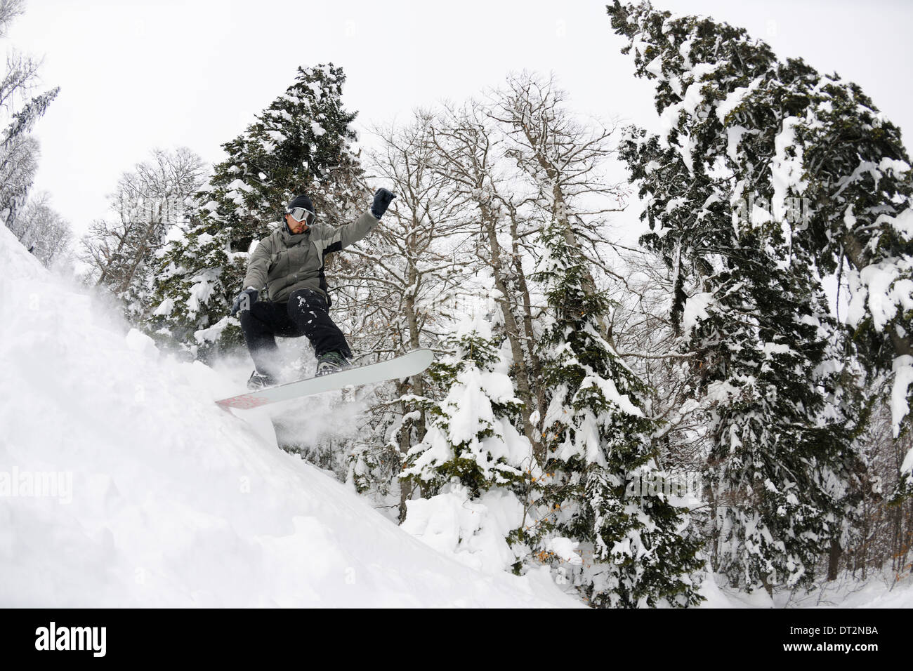 Snowboarder sur la neige profonde fraîche Banque D'Images