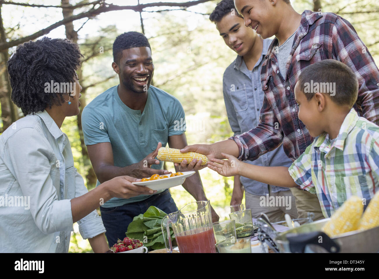 Un pique-nique en famille dans un bois ombragé Adultes et enfants autour d'une table autour de la nourriture et les plaques de transfert Banque D'Images