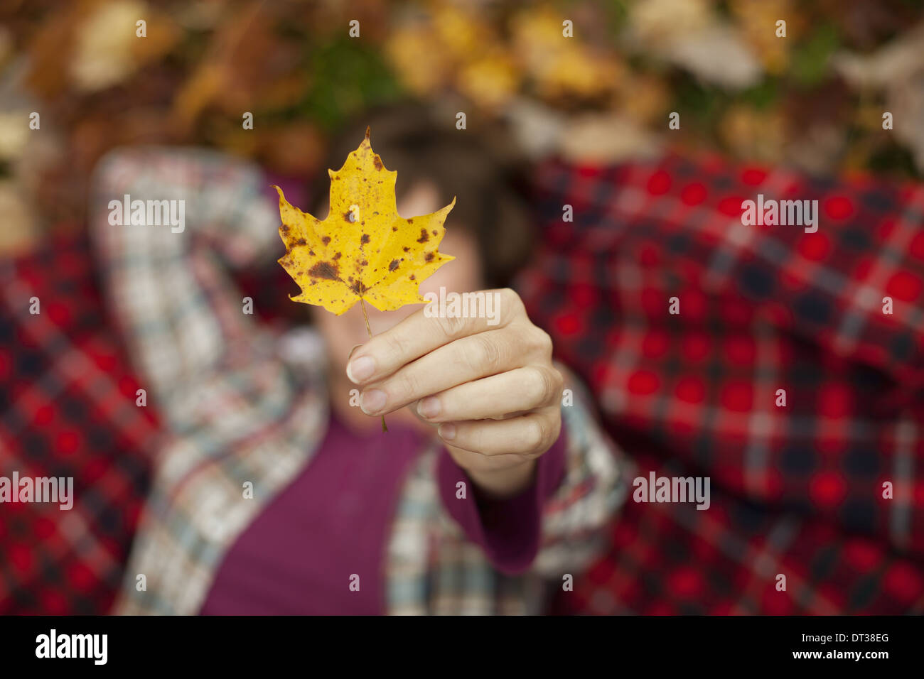 Une femme allongée sur une couverture de pique-nique tartan rouge, regardant vers le haut, tenant une feuille d'érable. Banque D'Images