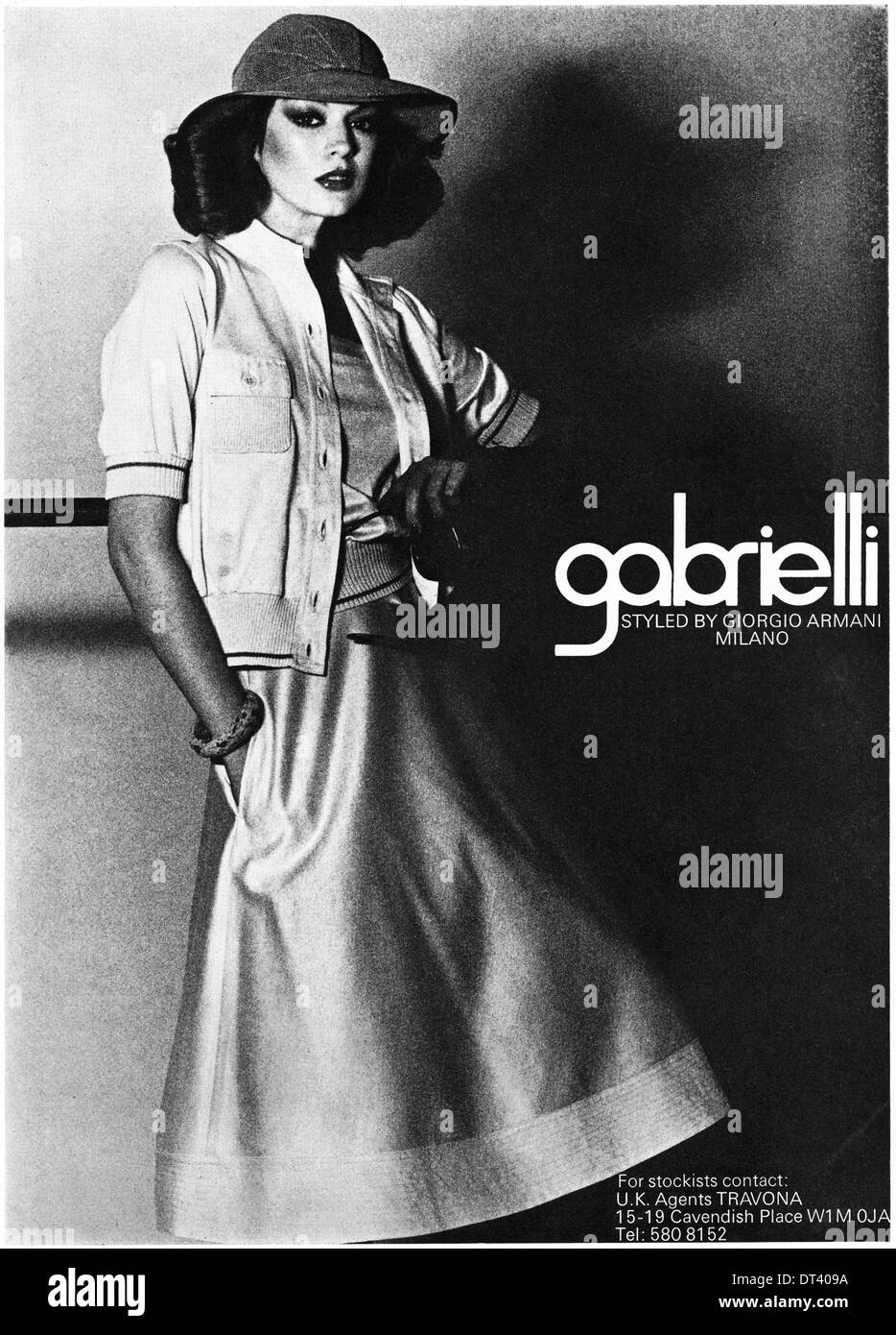 Magazine de mode des années 1970 Publicité Publicité GABRIELLI la mode féminine par Giorgio Armani, une pub circa 1975 Banque D'Images