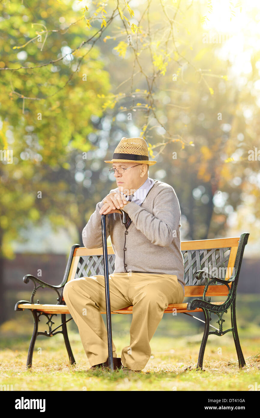 Sad man avec une canne assis sur un banc dans un parc sur une journée ensoleillée Banque D'Images