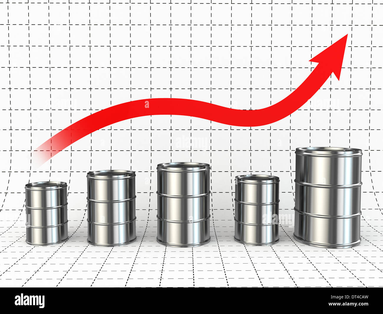 La croissance des prix de l'essence ou d'huile. Barils et graphique. 3d Banque D'Images