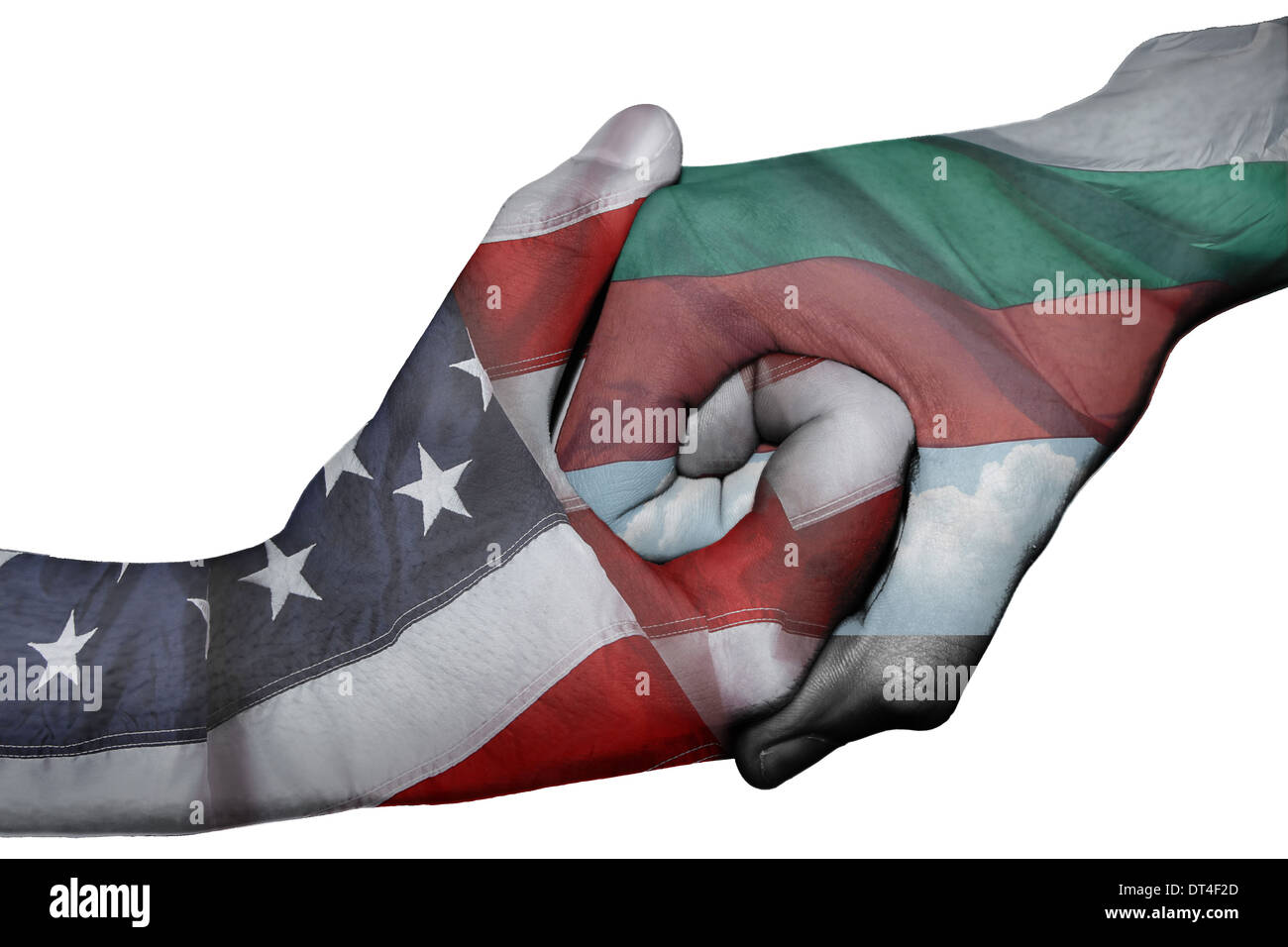 Poignée de main entre diplomatique Pays : drapeaux des États-Unis et la Bulgarie surimprimées les deux mains Banque D'Images
