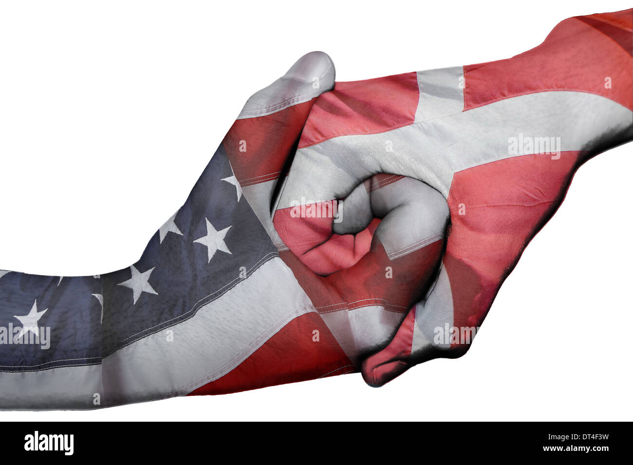 Poignée de main entre diplomatique Pays : drapeaux des États-Unis et le Danemark surimprimées les deux mains Banque D'Images