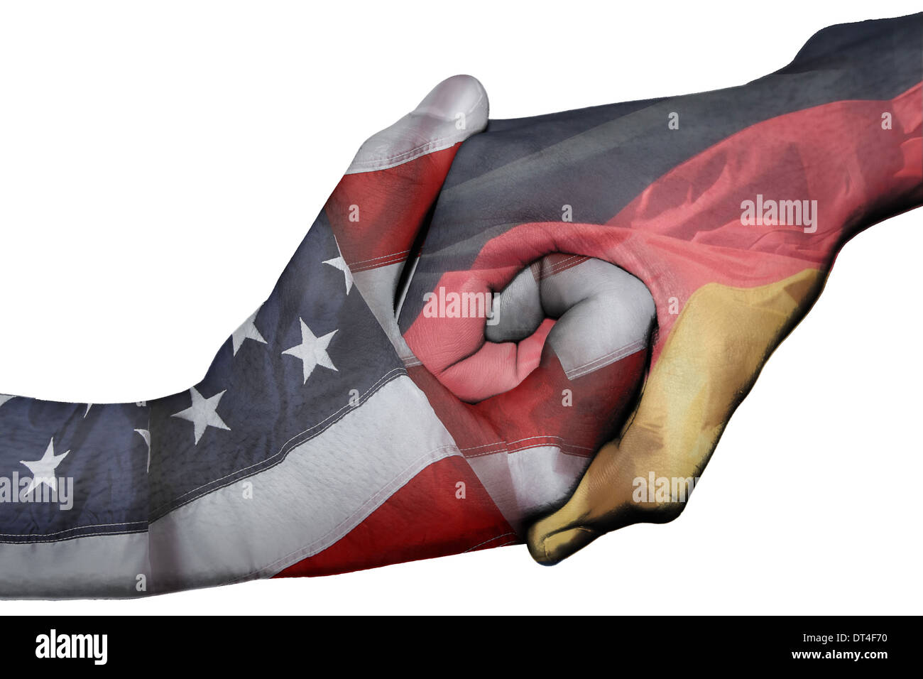 Poignée de main entre diplomatique Pays : drapeaux des États-Unis et l'Allemagne surimprimées les deux mains Banque D'Images