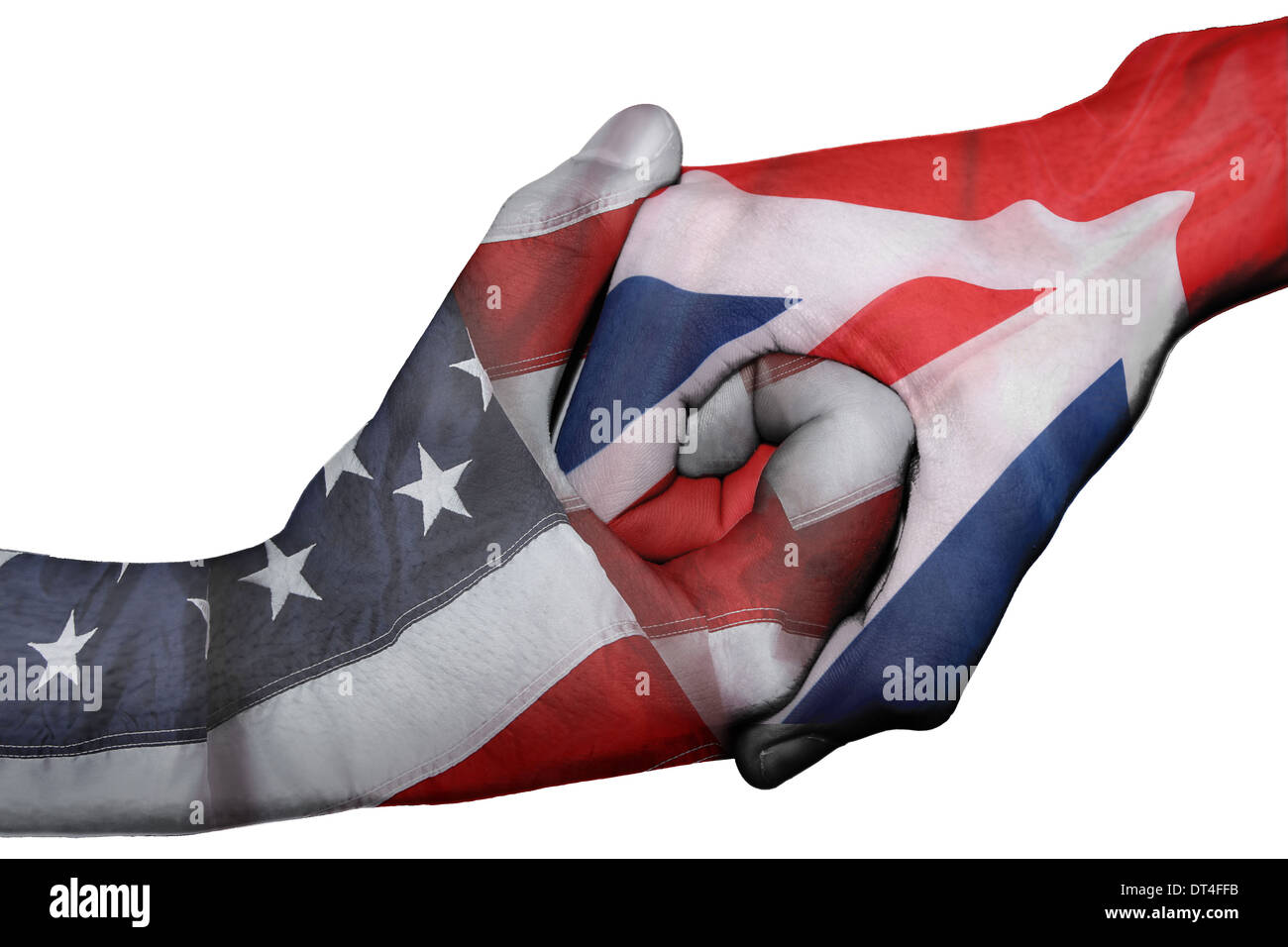 Poignée de main entre diplomatique Pays : drapeaux des États-Unis et Royaume-Uni surimprimées les deux mains Banque D'Images
