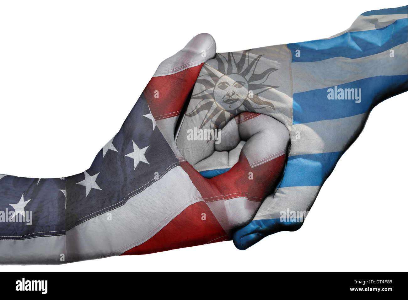 Poignée de main entre diplomatique Pays : drapeaux des États-Unis et l'Uruguay surimprimées les deux mains Banque D'Images
