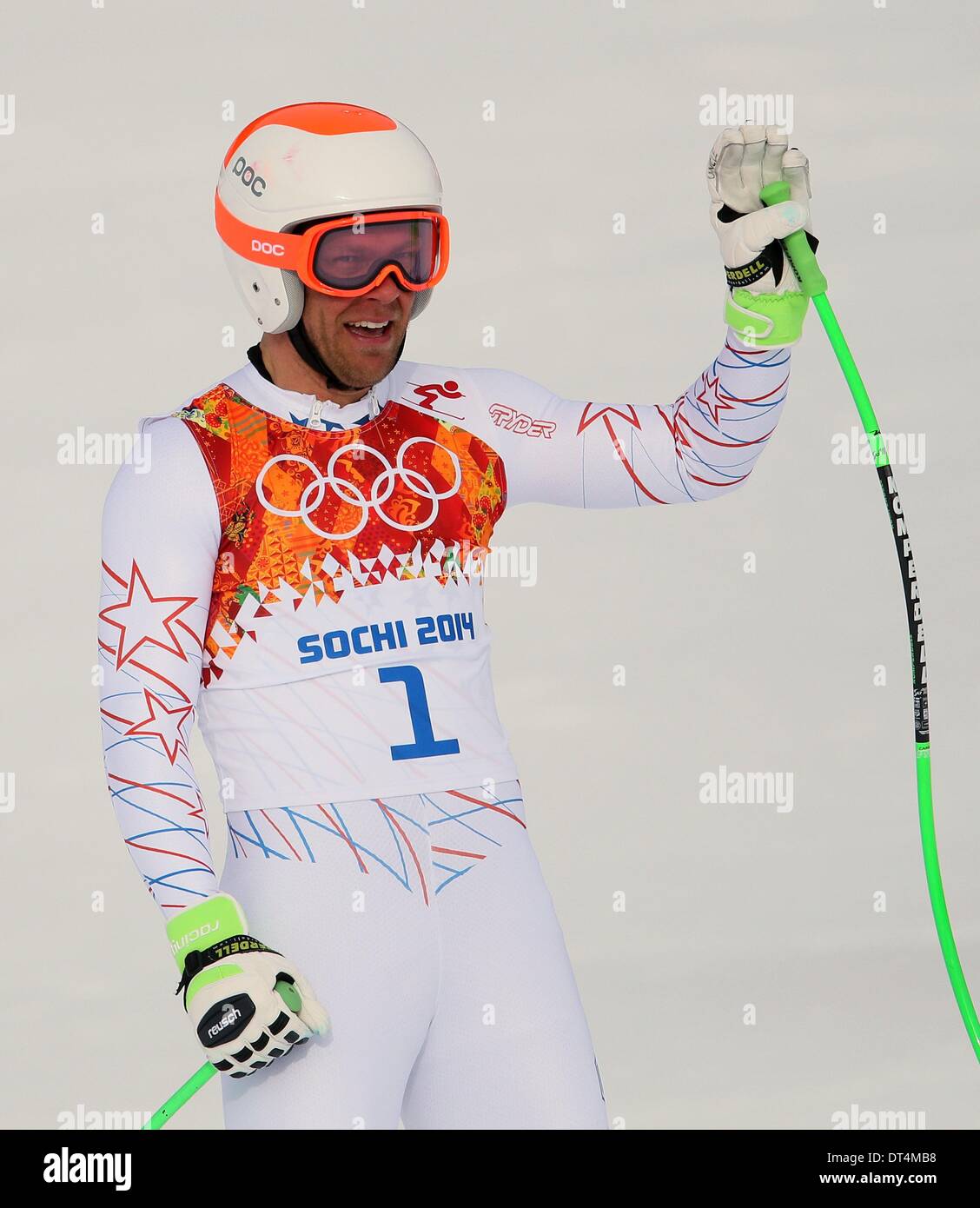 Sochi, Russie. Feb 9, 2014. Steven Nyman de USA réagit au cours de la descente masculine de ski alpin dans la région de Rosa Khutor Alpine Centre au Jeux Olympiques de 2014 à Sotchi, Russie, Krasnaya Polyana, 09 février 2014. Photo : Michael Kappeler/dpa Banque D'Images