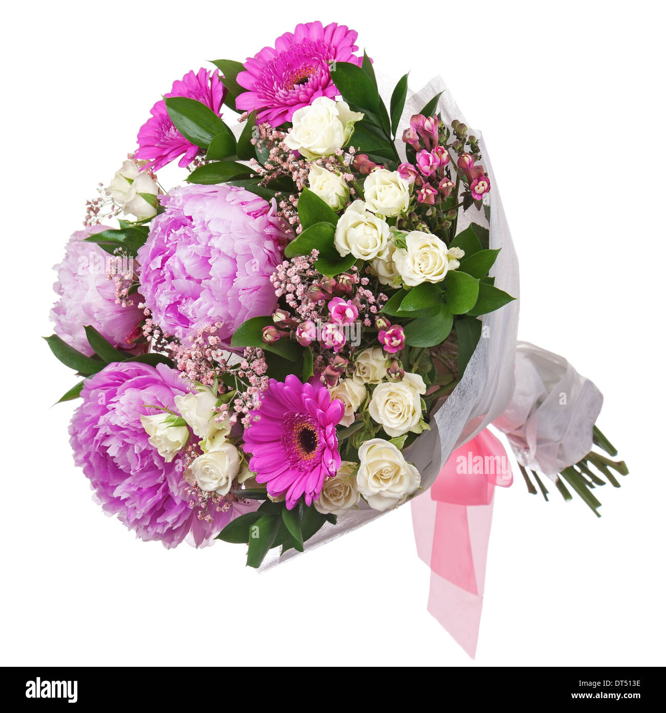 Bouquet d'peon et gerbera et roses isolé sur fond blanc. Libre. Banque D'Images