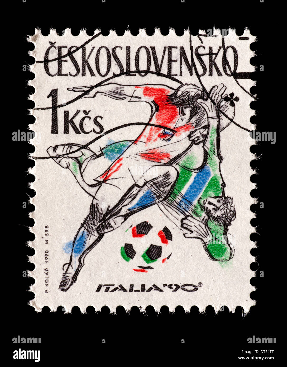 Timbre-poste de la Tchécoslovaquie représentant des joueurs de football, stylisé émis pour la Coupe du Monde 1990 en Italie, 1990. Banque D'Images