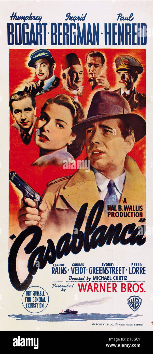 PAUL HENREID CLAUDE, rênes, SYDNEY GREENSTREET, Peter Lorre, CONRAD VEIDT, Humphrey Bogart, Ingrid Bergman FILM AFFICHE, Casablanca, 1942 Banque D'Images