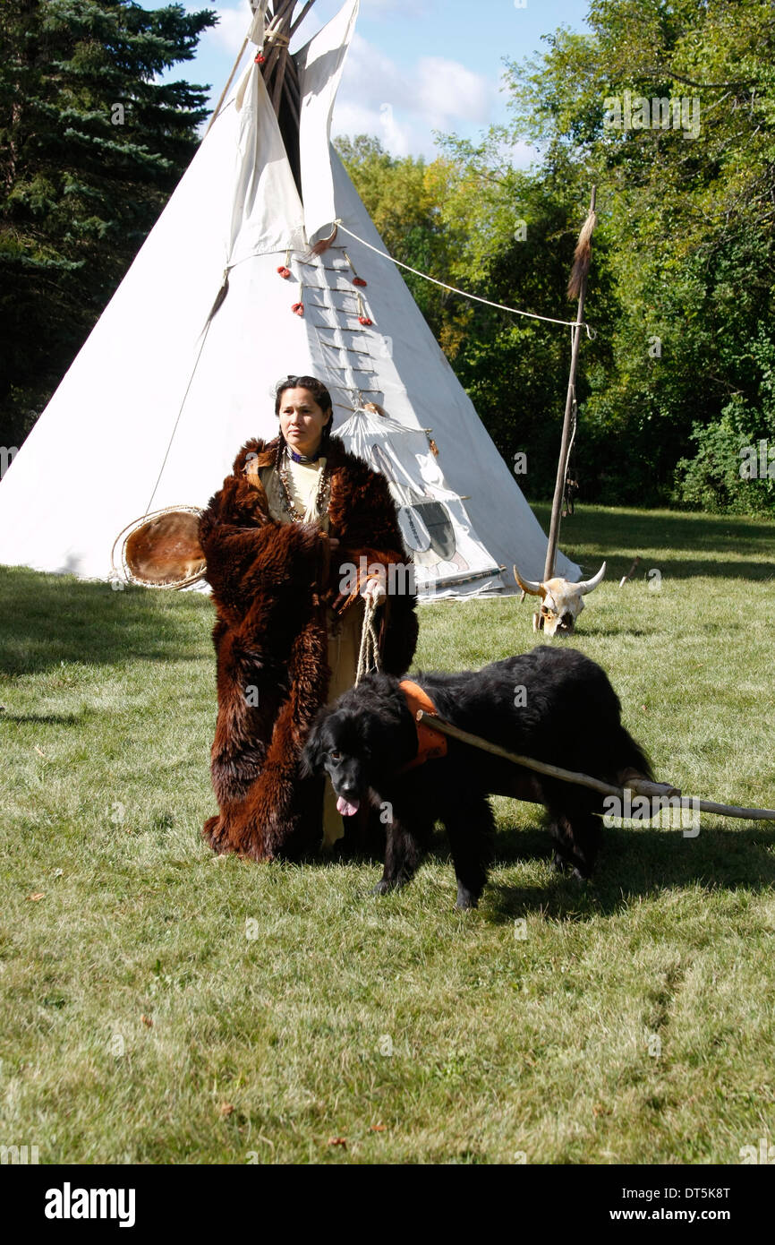 Un Amérindien Sioux Lakota femme indienne dans une peau de bison avec un chien travois Banque D'Images