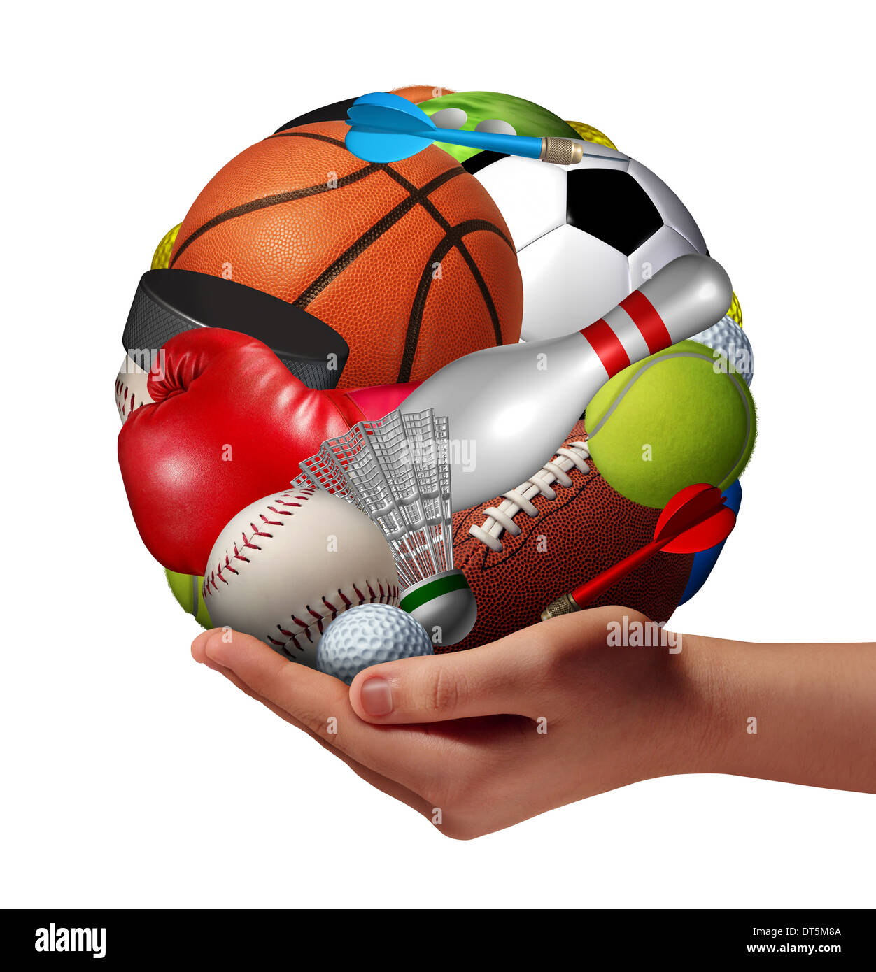Concept de vie actif et le plaisir et le jeu symbole avec une main tenant un groupe d'appareils de sport en forme de balle comme un sain Banque D'Images