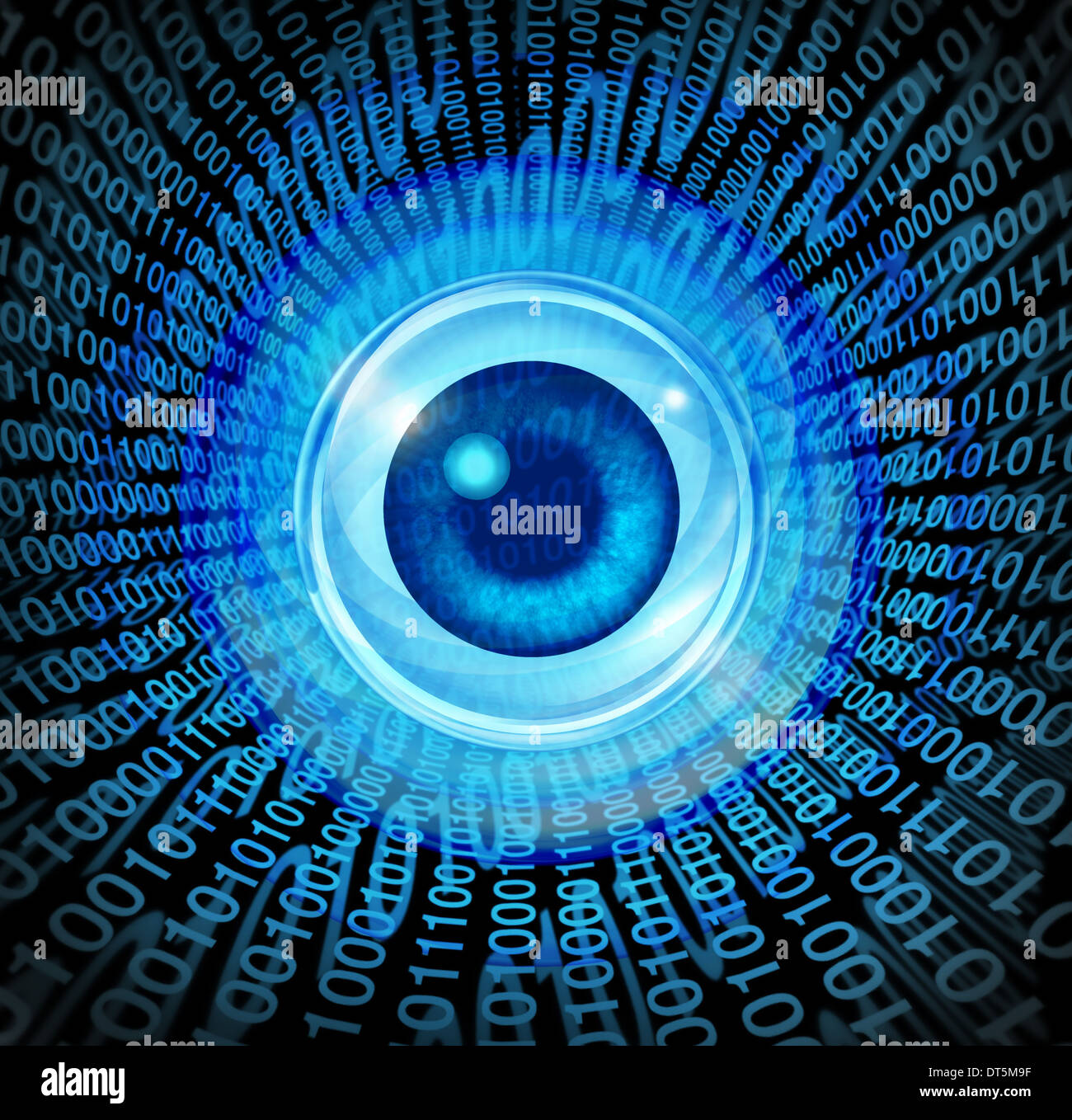 Digital Vision concept haute technologie comme un oeil avec un code binaire qui est communiqué par le biais de l'internet media comme un symbole mondial du marketing et de la programmation pour la réussite future. Banque D'Images