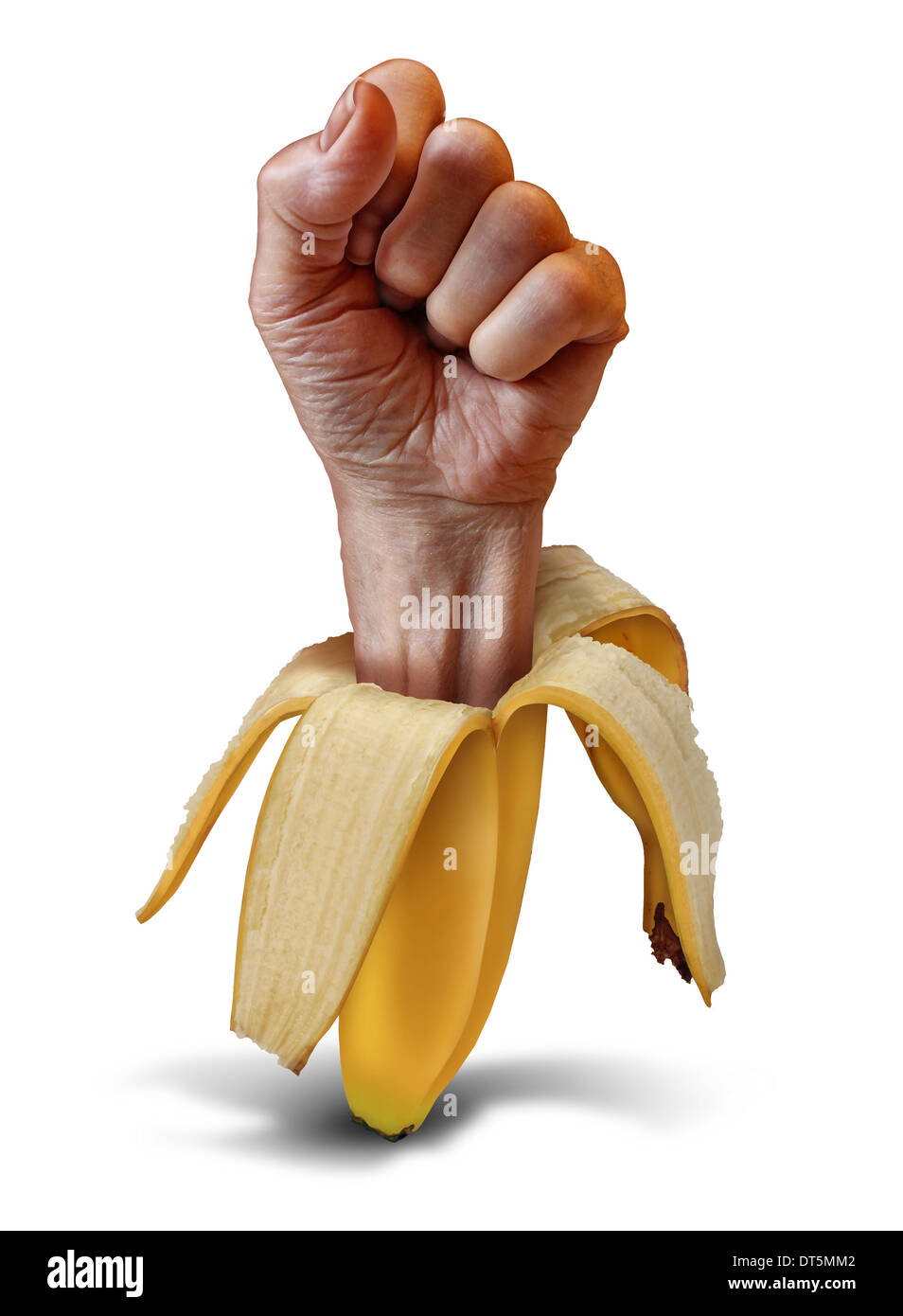 Alimentation Nutrition concept alimentaire avec une poigne de main sortant d'une peau de banane comme métaphore pour manger sain et vivre une vie digne en consommant des fruits et légumes frais. Banque D'Images
