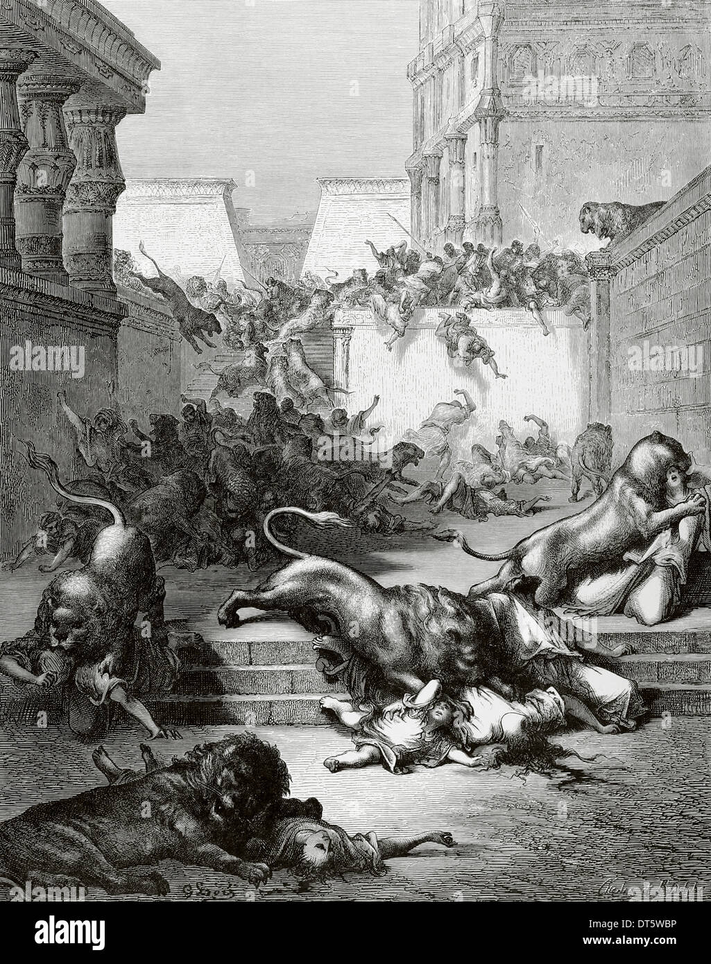 Ancien Testament. Les gens dévorés par des lions dans la Samarie. Livre I. Rois. Gravure de Gustave Dore. 19e siècle. Banque D'Images