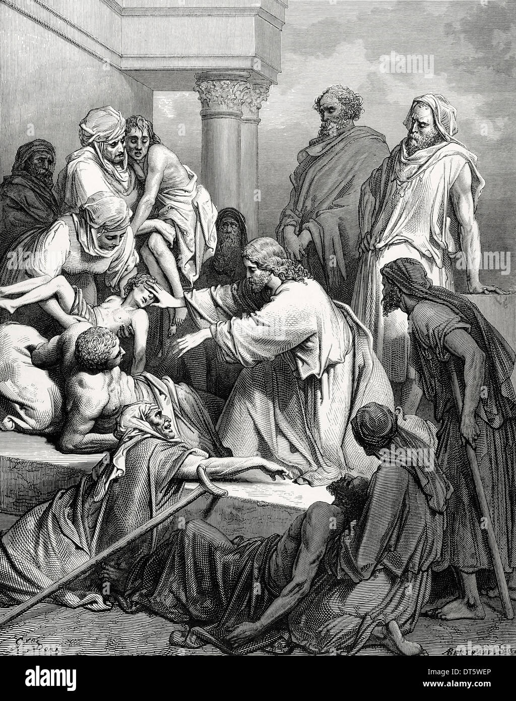Nouveau Testament. Jésus guérissant les malades. Évangile de Matthieu, chapitre IV, versets 23-25. Dessin de Gustave Dore. La gravure. Banque D'Images