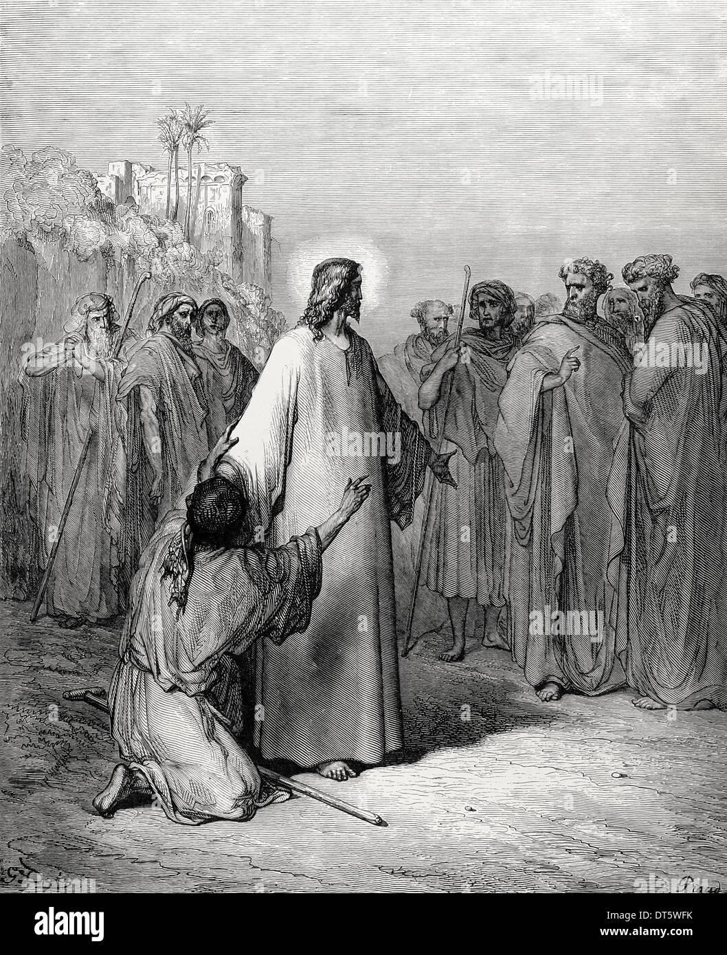 Nouveau Testament. Jésus guérit un démoniaque muet. Évangile de Matthieu, chapitre IX, versets 32-38. Dessin de Gustave Dore. Banque D'Images