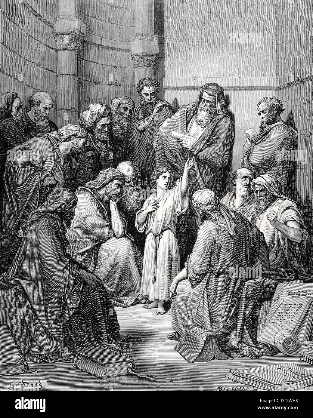 Nouveau Testament. Jésus dans son enfance parmi les médecins. Evangile de Luc, chapitre II, versets 43-50. Gustave Dore dessin. Banque D'Images
