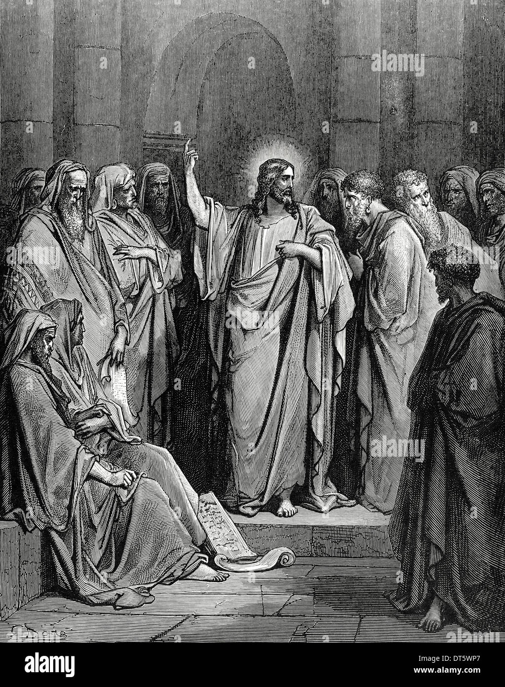 Nouveau Testament. Jésus dans la synagogue. Evangile de Luc, chapitre IV, versets 16-21. Gustave Dore dessin. La gravure. 19e siècle. Banque D'Images