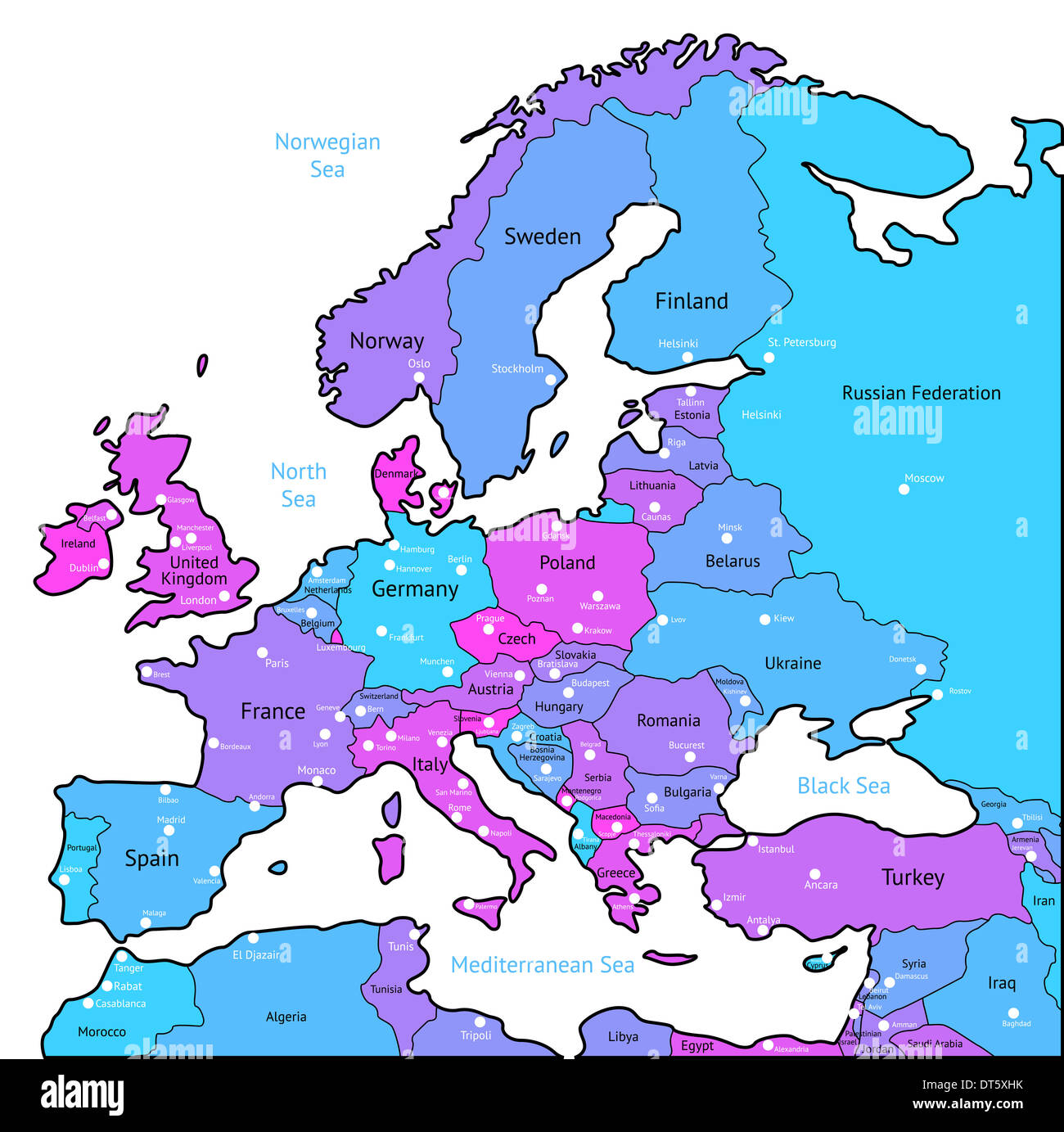 Carte d'Europe de bleu, rose, violet couleurs. Banque D'Images