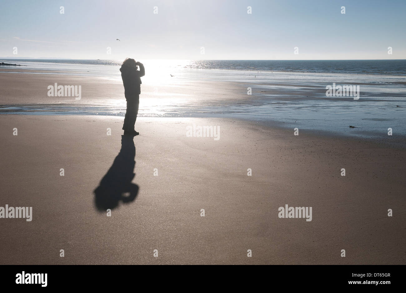 Personne l'observation des oiseaux sur la plage, Normandie, France Banque D'Images