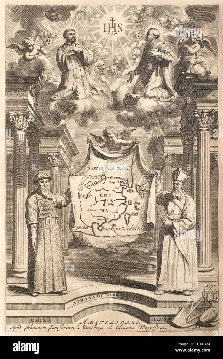 Frontispice de la Chine 1667 illustré par Athanase Kircher (1602-1680) avec Matteo Ricci (1552-1610) et convertir. Banque D'Images
