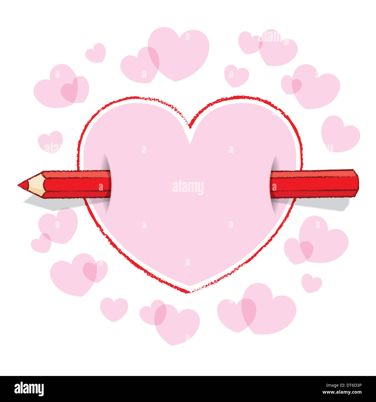 Crayon Rouge horizontal vide Piercing appelée amour coeur comme une flèche avec intercalaire rose coeurs roses et ses environs Banque D'Images