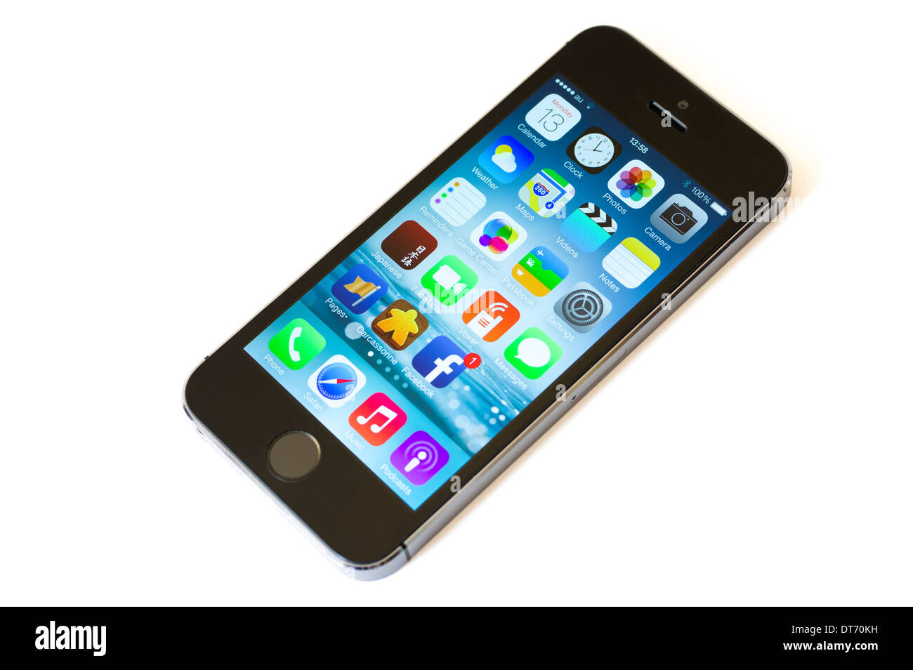 Apple iPhone 5s smart phone conçu par Jonathan Ive, comprend la reconnaissance des empreintes digitales pour déverrouiller Banque D'Images