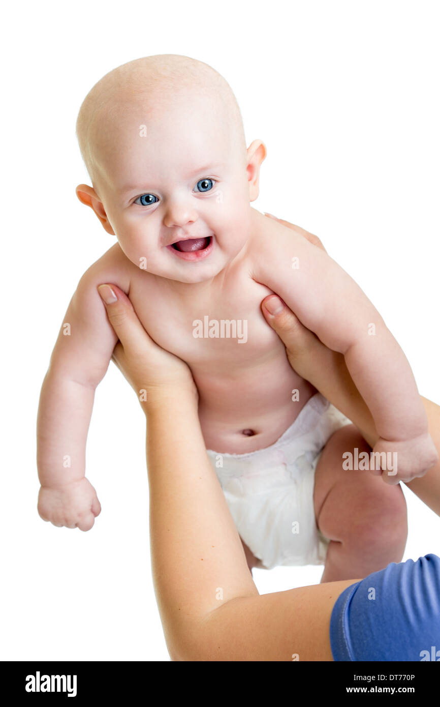 Heureux bébé dans les mains des parents isolated on white Banque D'Images