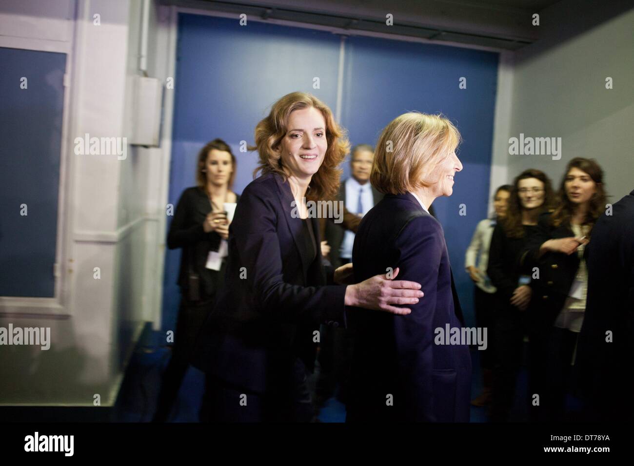 Paris, France. 10 fév, 2014. Première réunion de Nathalie Kosciusko-Morizet, candidate UMP à l'élection à la mairie de Paris dans le gymnase Japy. Nicolas Sarkozy, le dernier président français était là pour la soutenir. Crédit : Michael Bunel/NurPhoto ZUMAPRESS.com/Alamy/Live News Banque D'Images