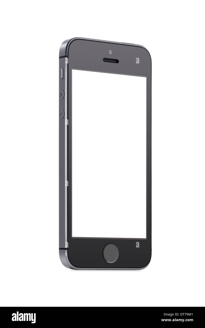 Vue de bas en haut en rotation à un angle léger moderne noir téléphone intelligent avec écran blanc isolé sur fond blanc. Banque D'Images