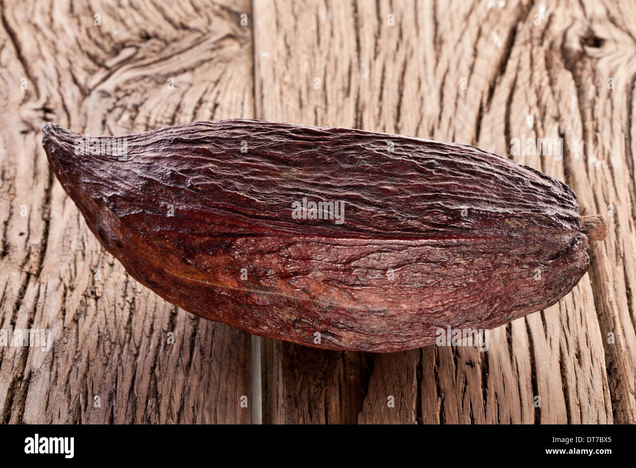 Les cabosses de cacao sur une table en bois. Banque D'Images