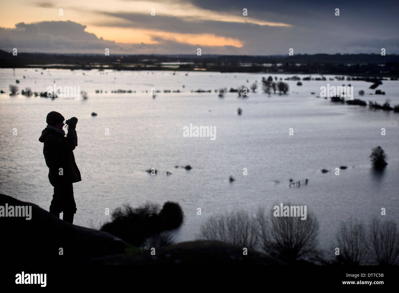 Les inondations sur les Somerset Levels - un oiseau watcher vues les niveaux de Burrow Mump févr. 2014 Banque D'Images