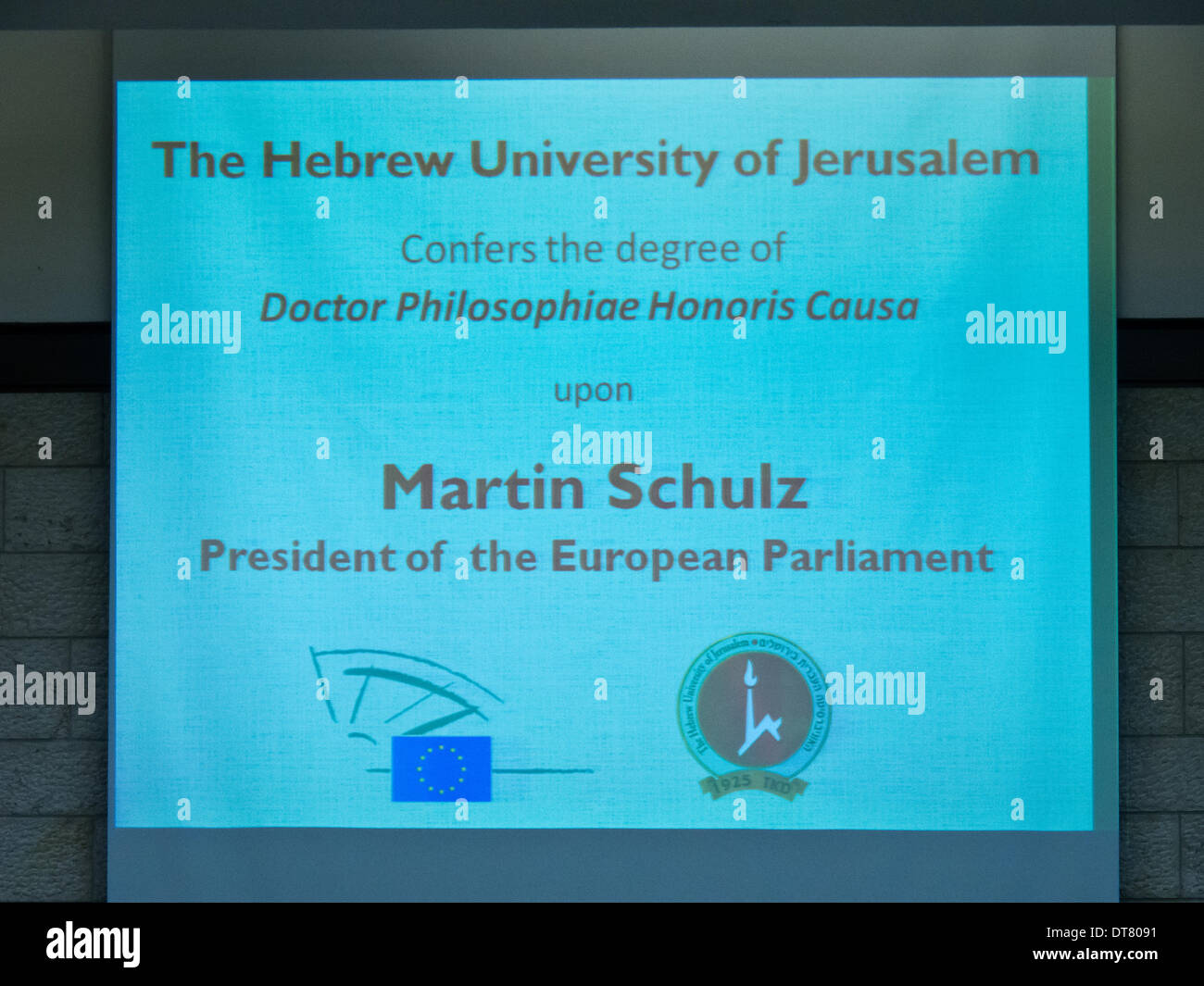 Président de l'Université hébraïque, le professeur Menahem Ben-Sasson, a conféré le titre de Docteur Honoris Causa à Philosophiae Martin Schulz, Président du Parlement européen, lors d'une cérémonie dans le campus de l'université, sur le mont Scopus. Banque D'Images