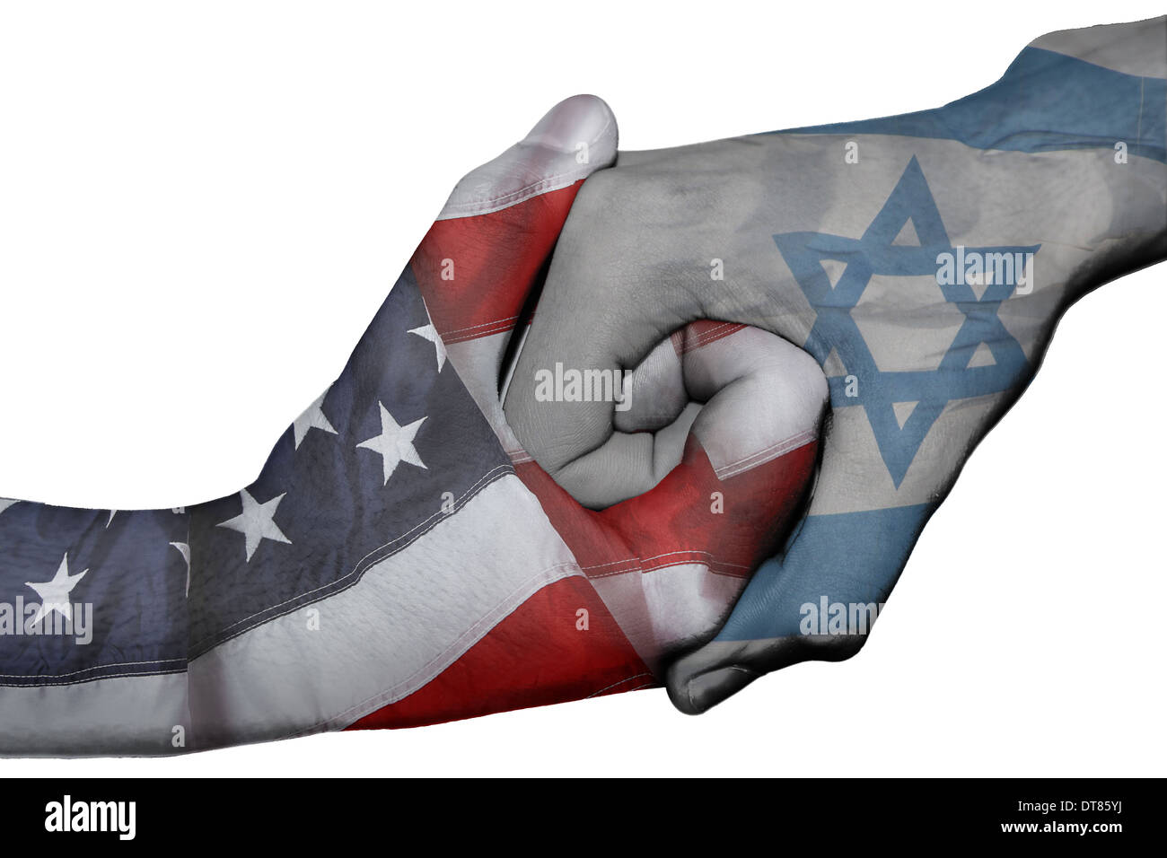 Poignée de main entre deux mains avec des drapeaux des Etats-Unis et Israël Banque D'Images
