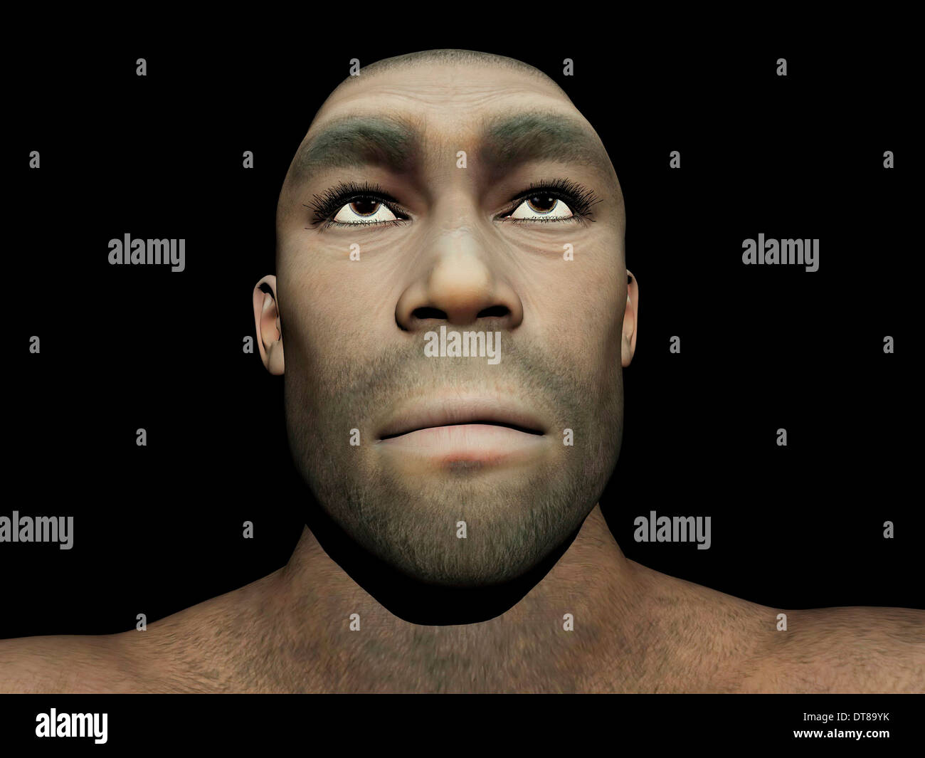 Portrait d'un homme l'Homo Erectus, ancêtre préhistorique qui vivait autour de 1,8 millions d'années, fond noir Banque D'Images