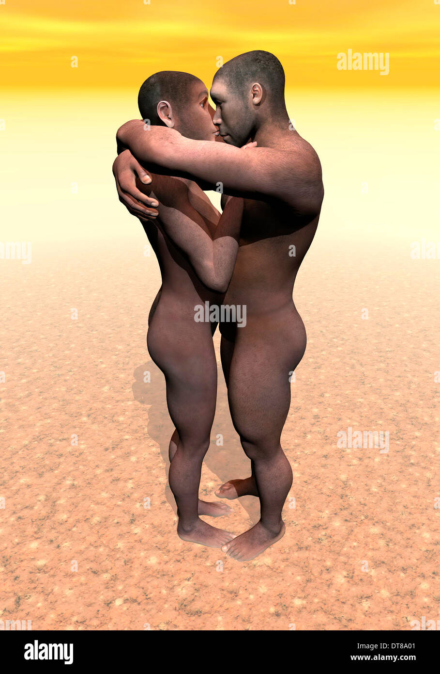 Homme et femme Homo erectus serrant dans le désert. Banque D'Images