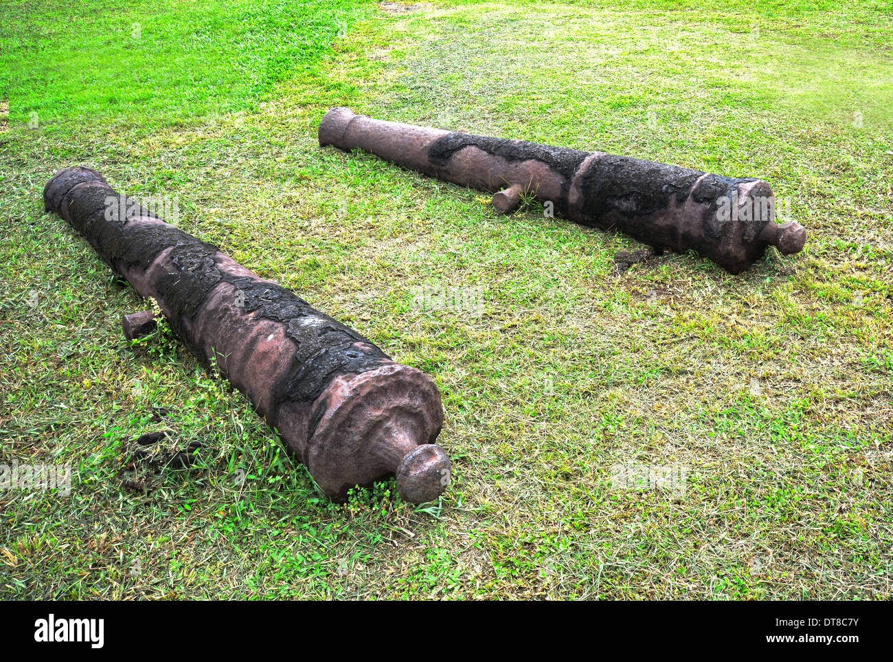 Deux vieux canons espagnols portant sur l'herbe au parc du château de Saint Geronimo dans Panama Portobelo Banque D'Images