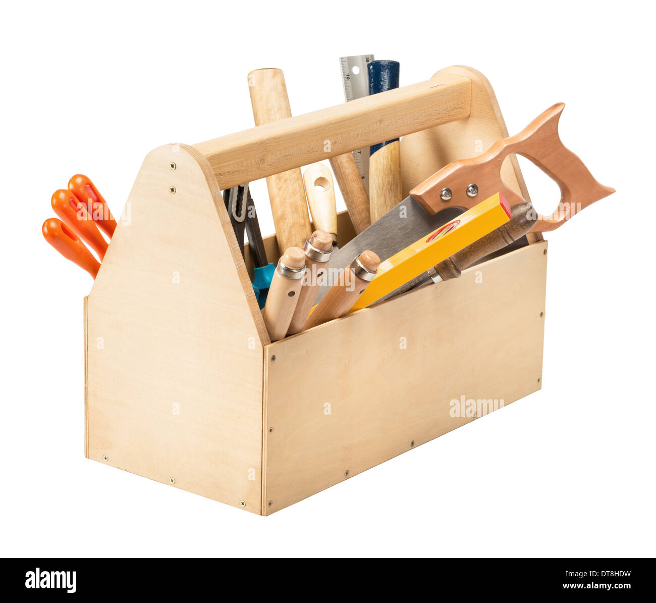 Boîte à outils en bois avec des outils isolated on white Banque D'Images