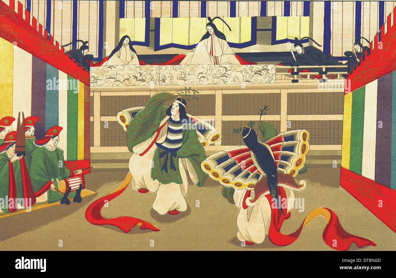 Dames de la cour du Mikado le papillon portez de Chromo-Lithography - Danse Peinture japonaise originale XIX ème siècle Banque D'Images